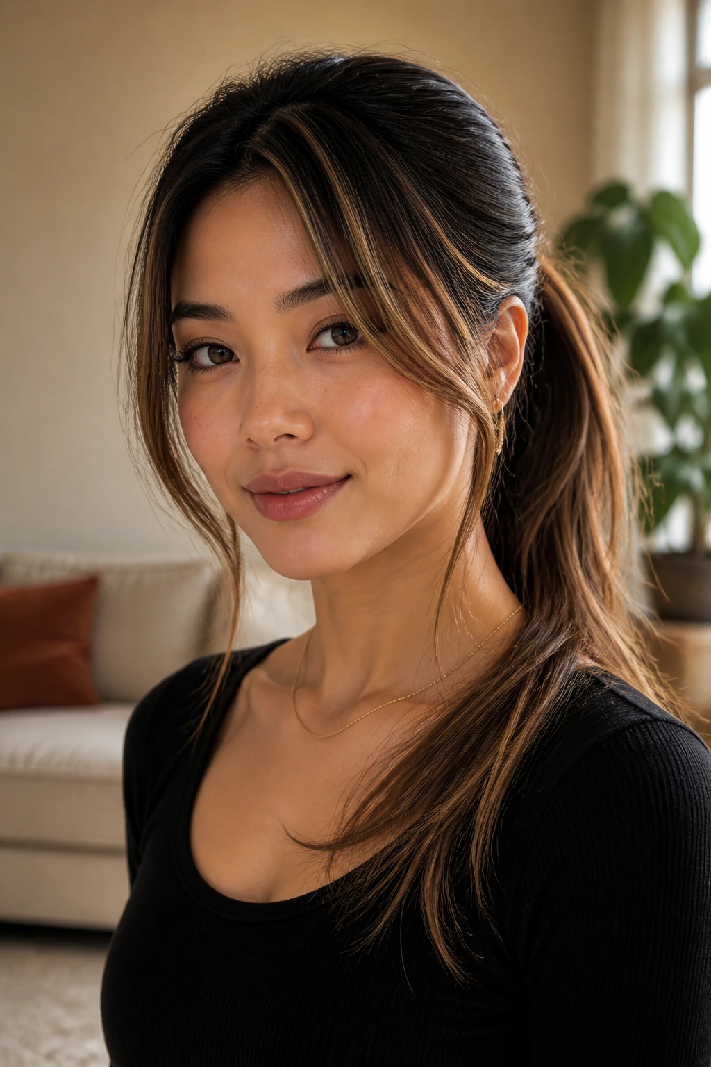 Close-up portrait of a woman with ponytail-friendly long layers and caramel highlights
