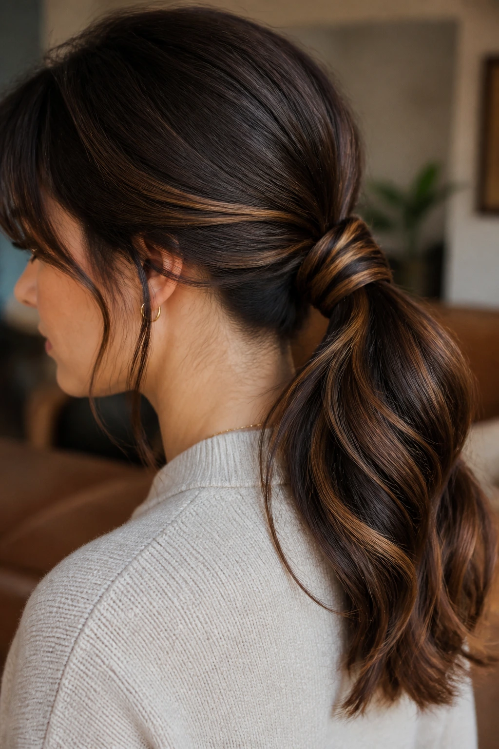 Close-up of a real woman with chestnut ribbon ponytail in a cozy home setting