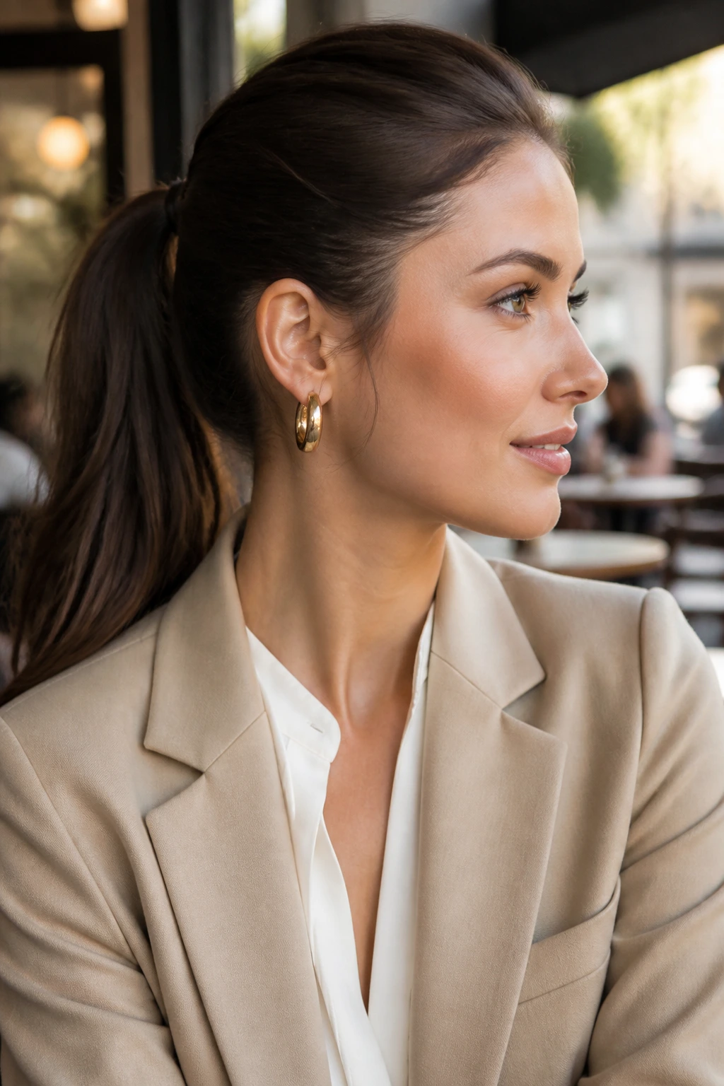 Portrait of a woman with a mid-height ponytail and blazer in a cafe setting