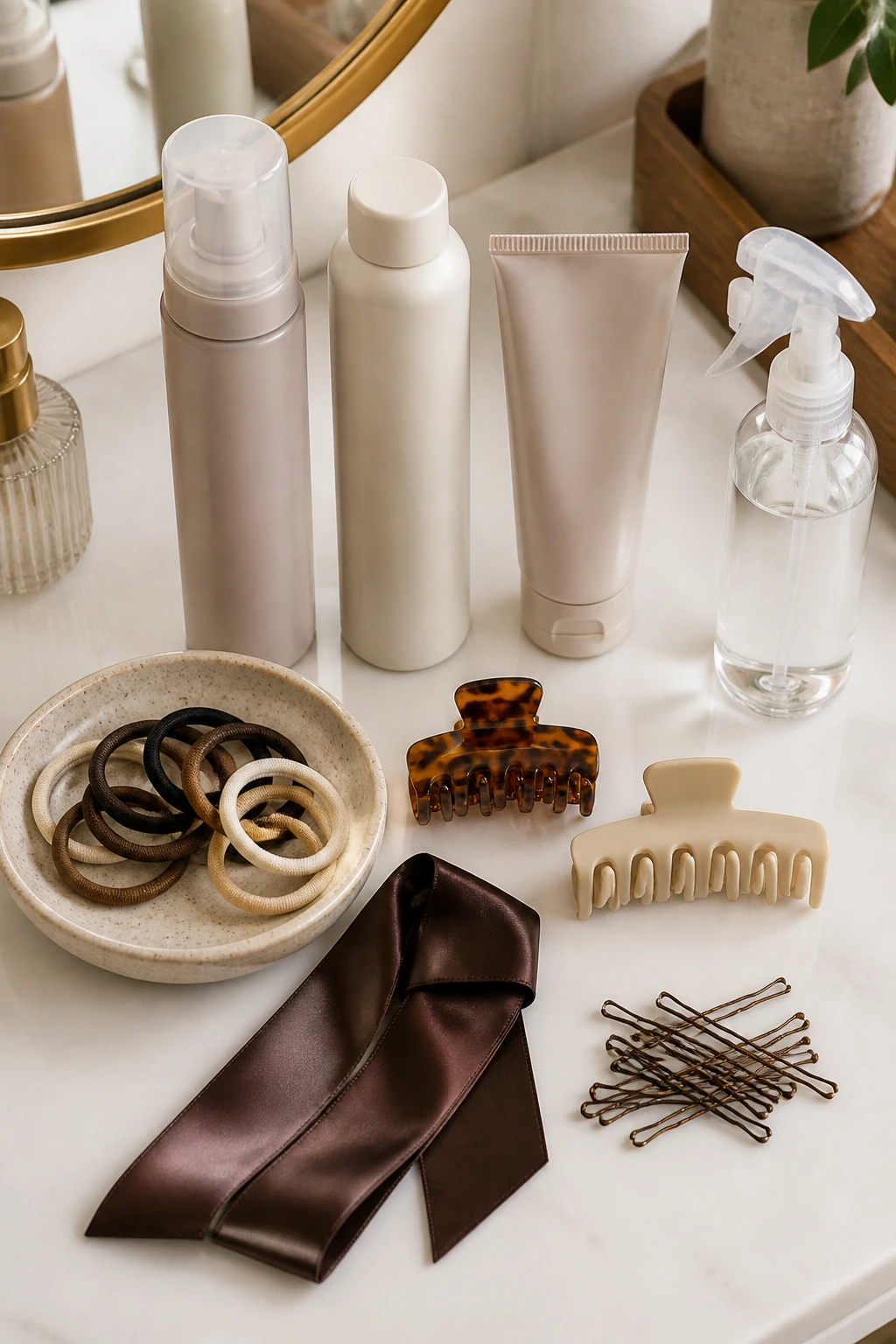 Flat lay of hair products and accessories for medium hair ponytails.