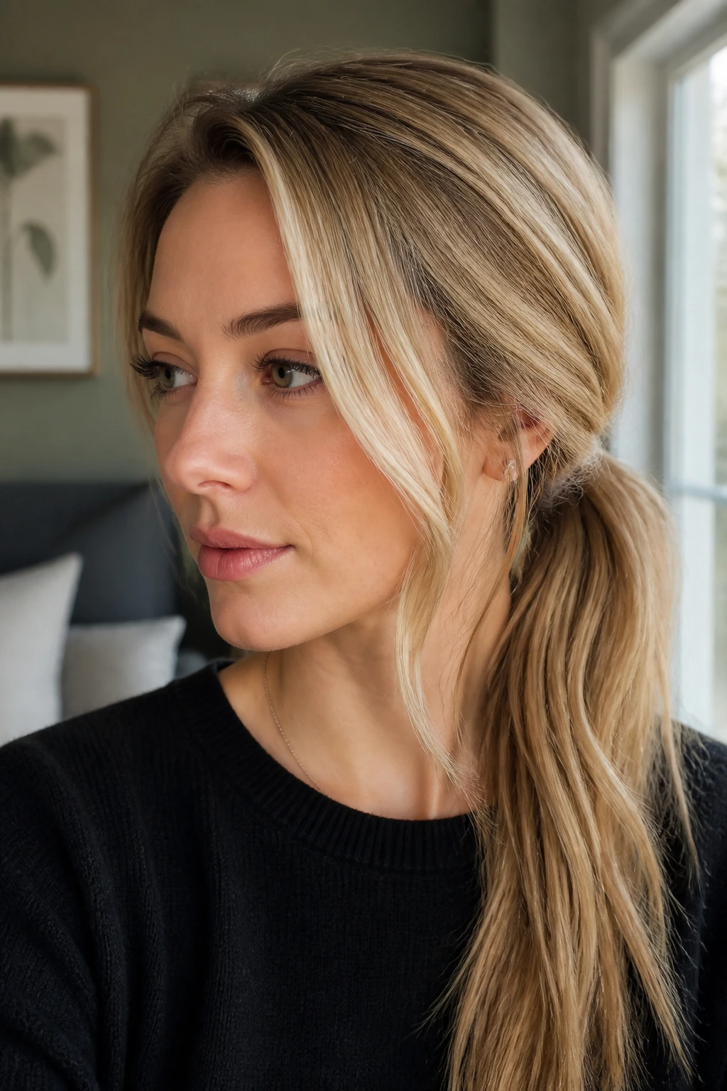 Close-up portrait of a woman with a low-wrapped ponytail and soft side part