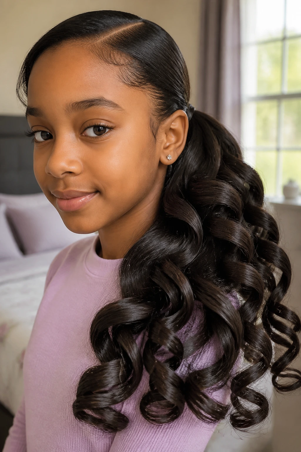 Close-up of a real young girl with a side-swept ponytail featuring spiral ends