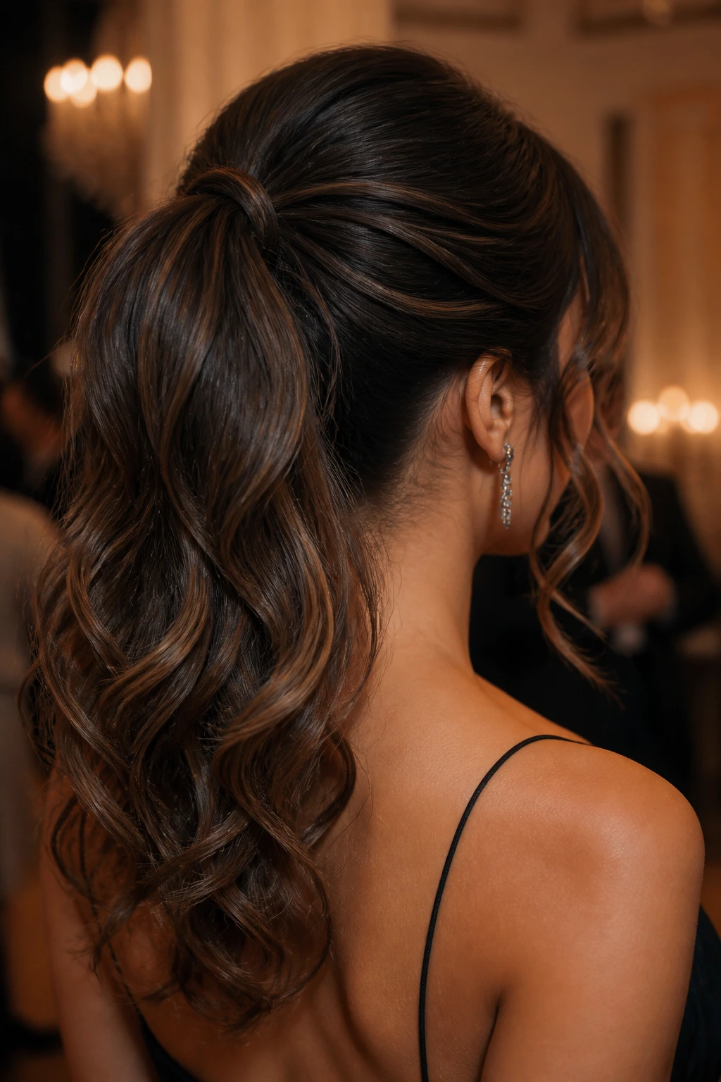 Back-of-head portrait of a real woman with a high ponytail and curled tendrils around the face.
