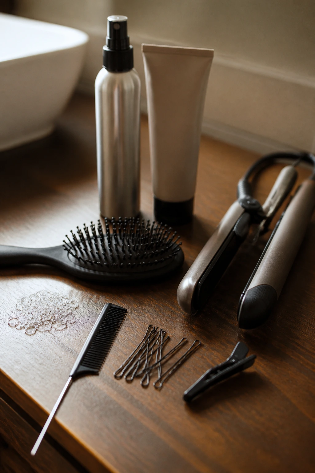 Still life of ponytail tools including combs elastics and pins