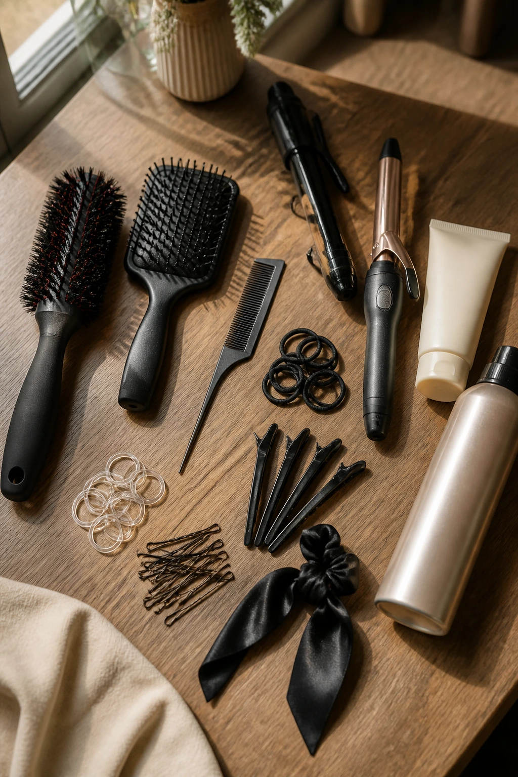Flat lay of essential ponytail tools including brushes, combs, elastics, pins, clips, and ribbons.