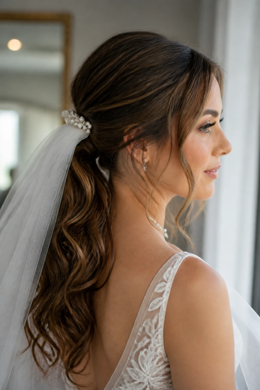 Bride with veil-friendly wavy ponytail and veil comb.
