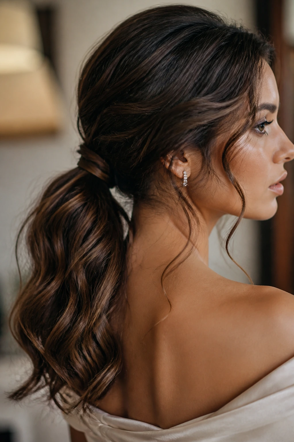Close-up of a real woman with a low ponytail and soft waves