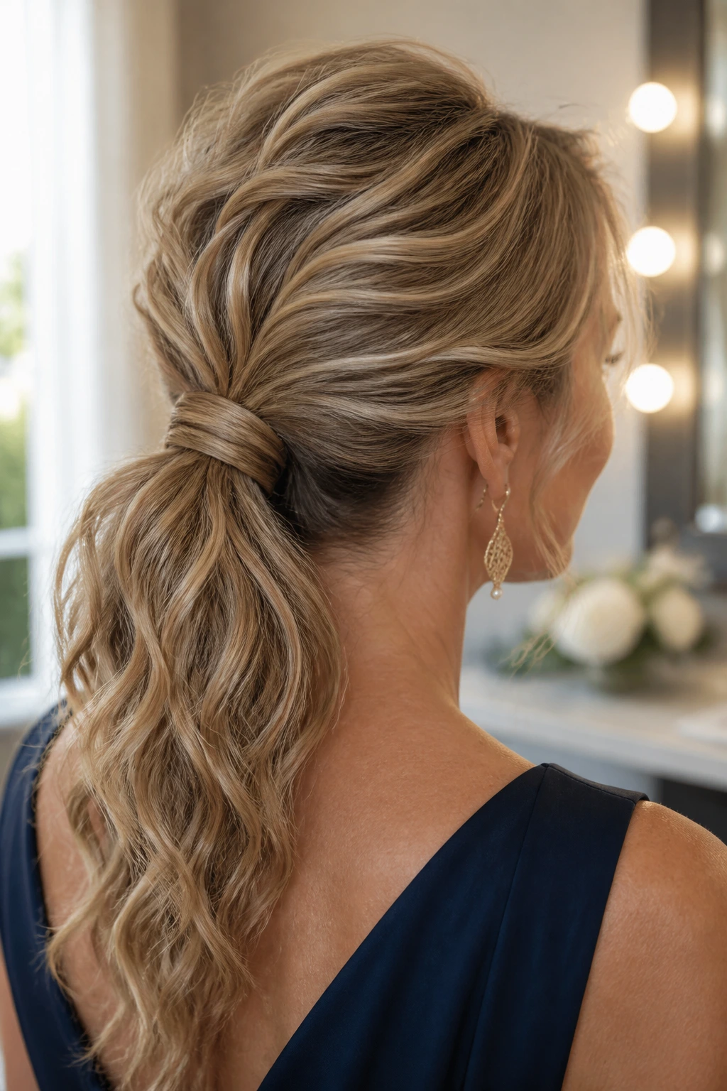 Close-up of a woman with textured crown ponytail wrapped base in warm dressing room light