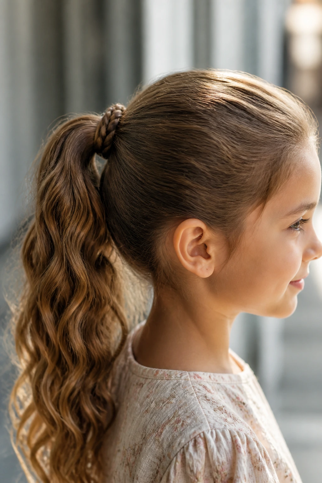 Close-up of a real child with a braided ponytail wrap concealing the elastic