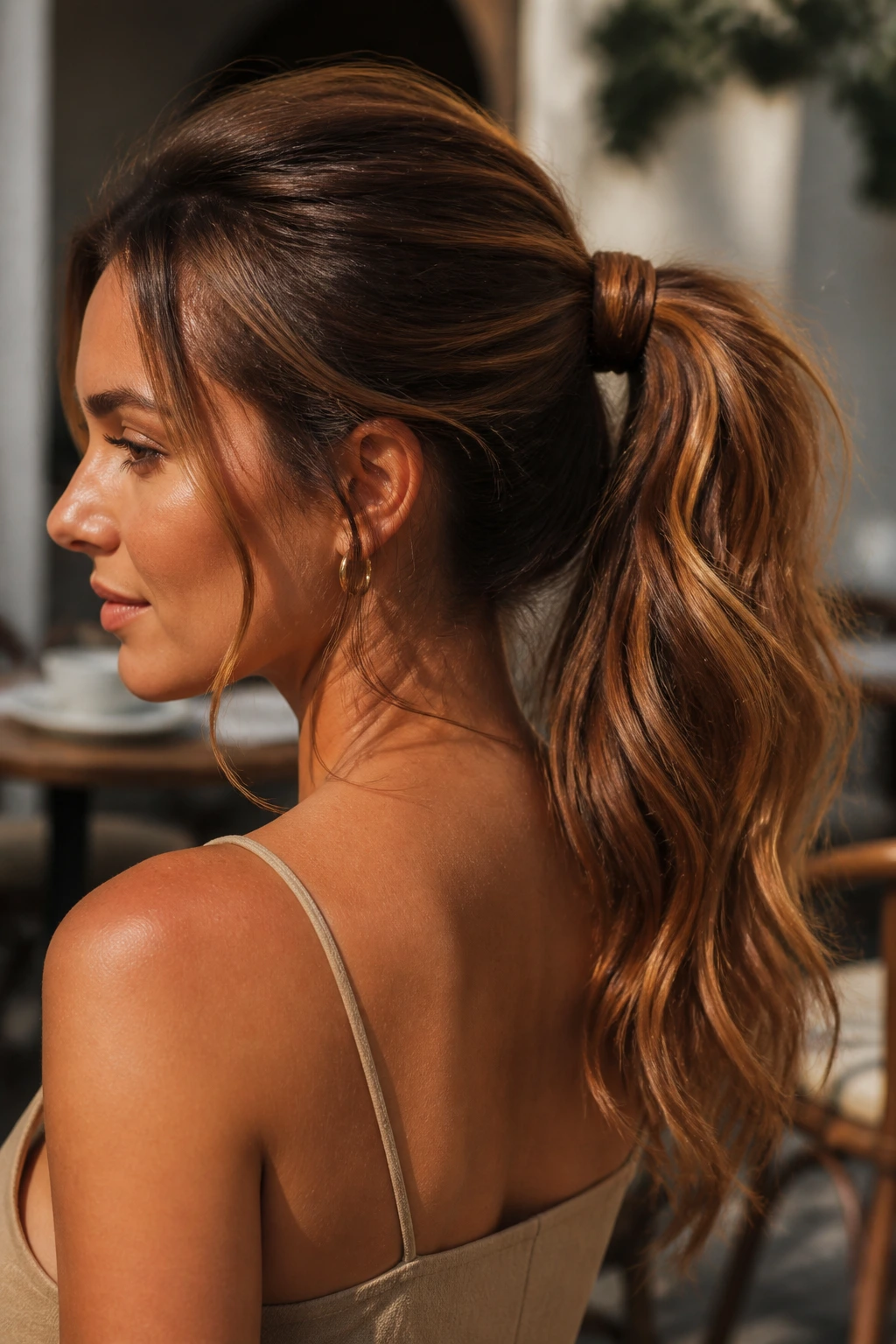 Close-up of a real woman with a wrapped-base tousled ponytail and caramel ribbon.