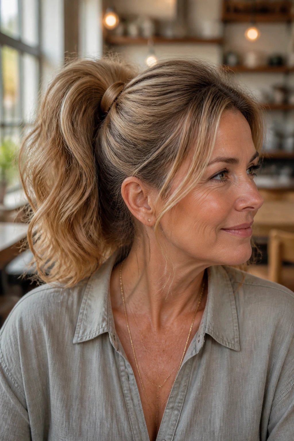 Portrait of a real woman with a voluminous ponytail wrapped at the base.