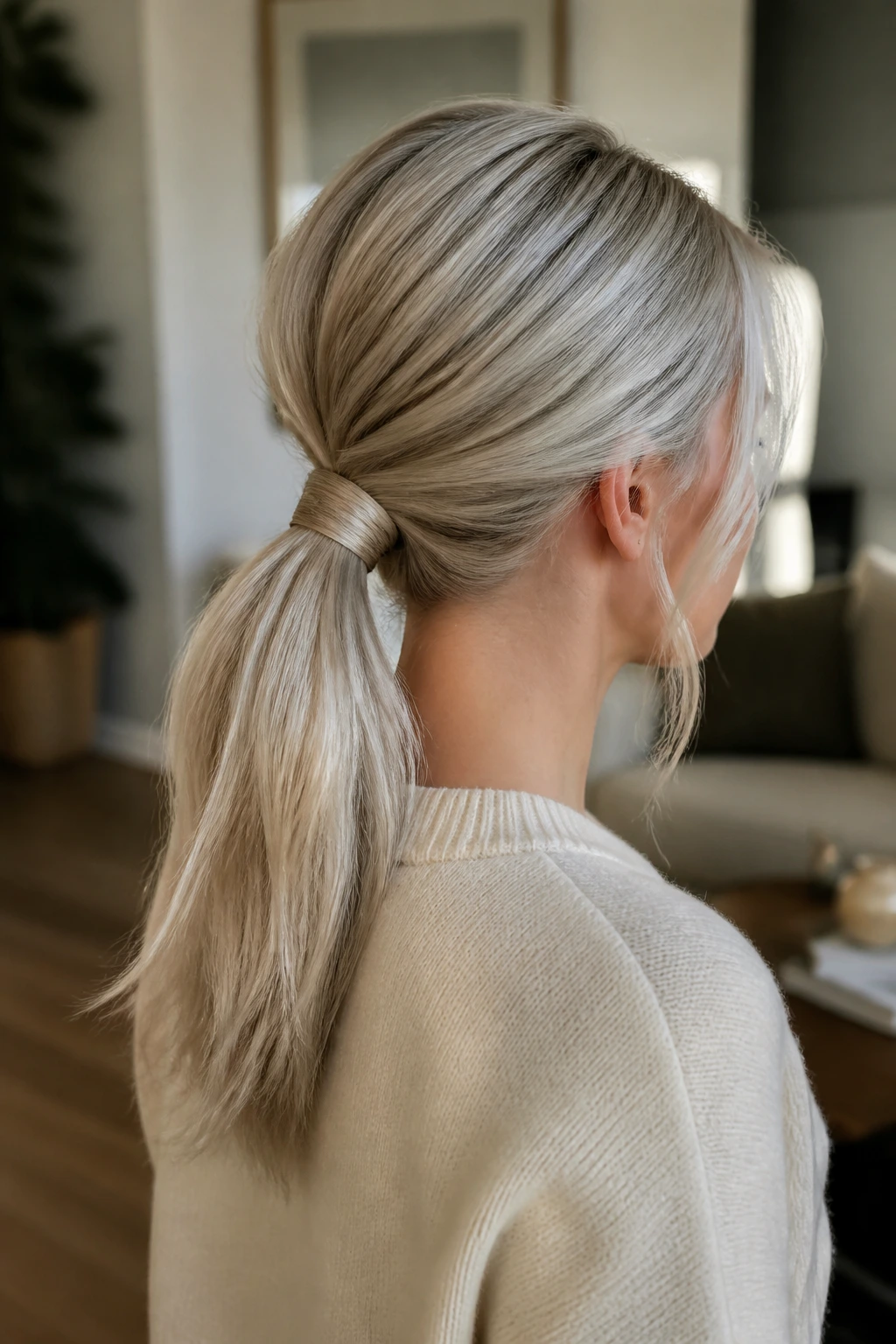 Portrait of a real person with a wrapped ponytail hiding the elastic in steel blonde