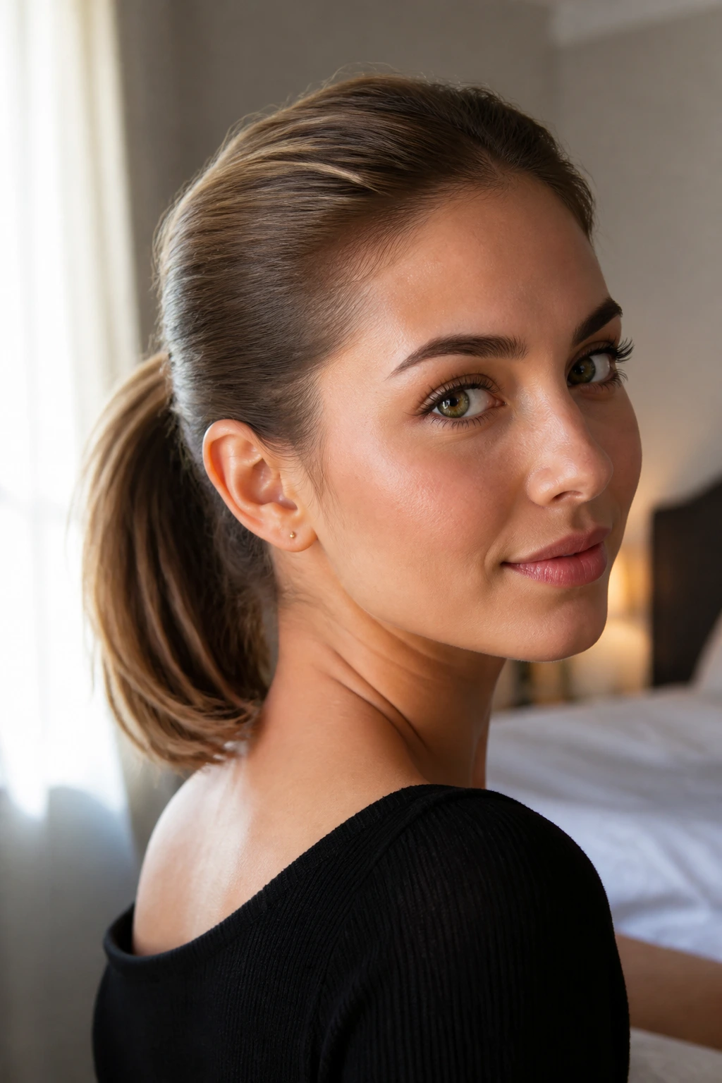 Close-up portrait of a real woman with a sleek ponytail in warm bedroom light