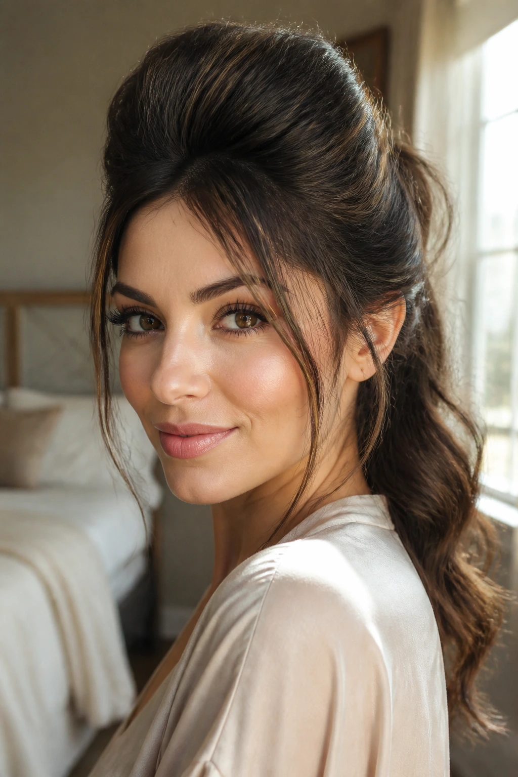Close-up portrait of a real woman showing a sculpted poof crown shaping the silhouette on a heart-shaped face