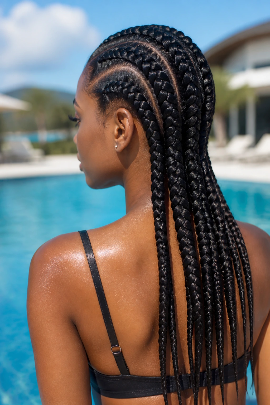 Poolside portrait with shoulder to mid-back medium French braids