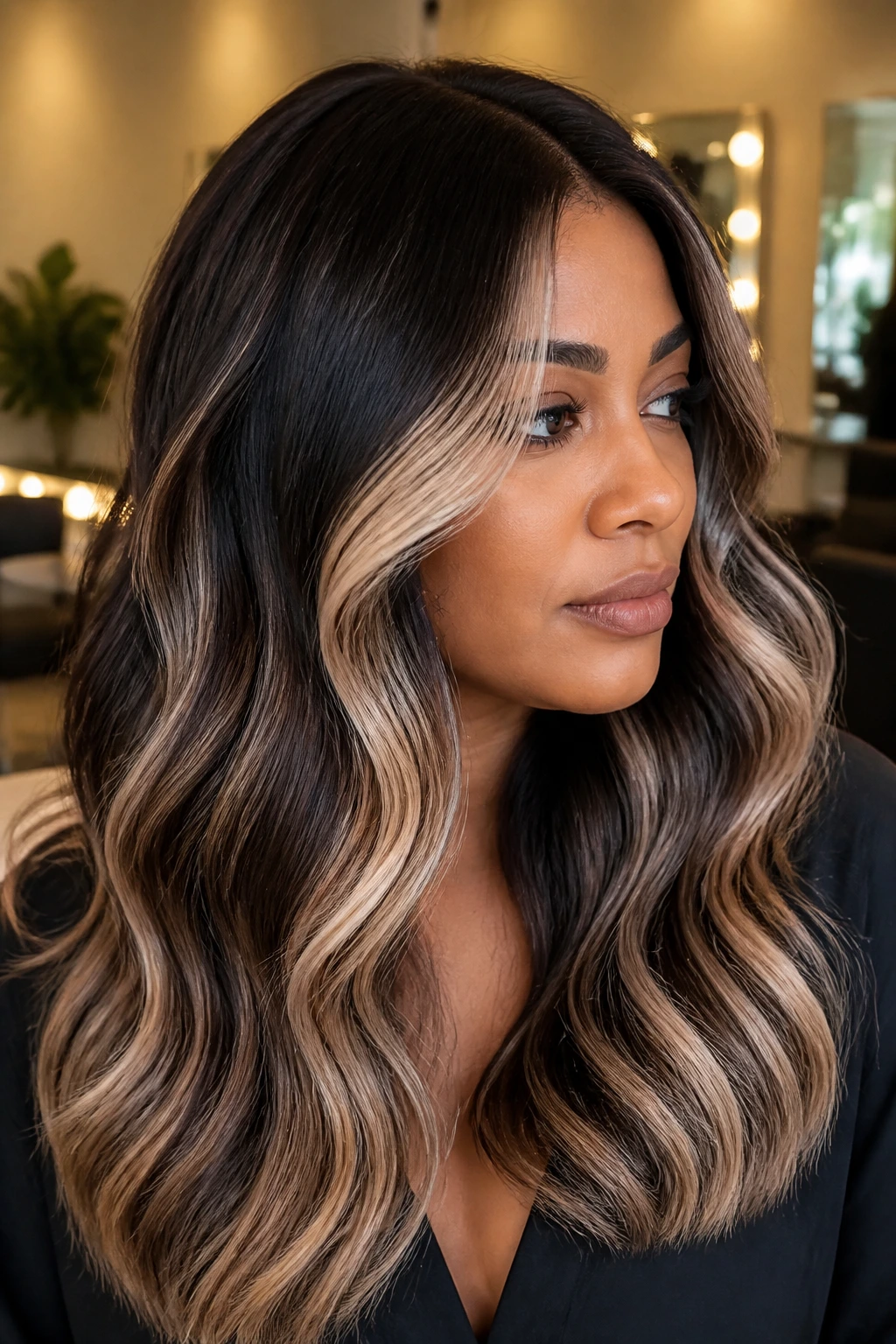 Close-up portrait of a real woman with porcelain beige highlights and deep-rooted brunette hair in a salon.