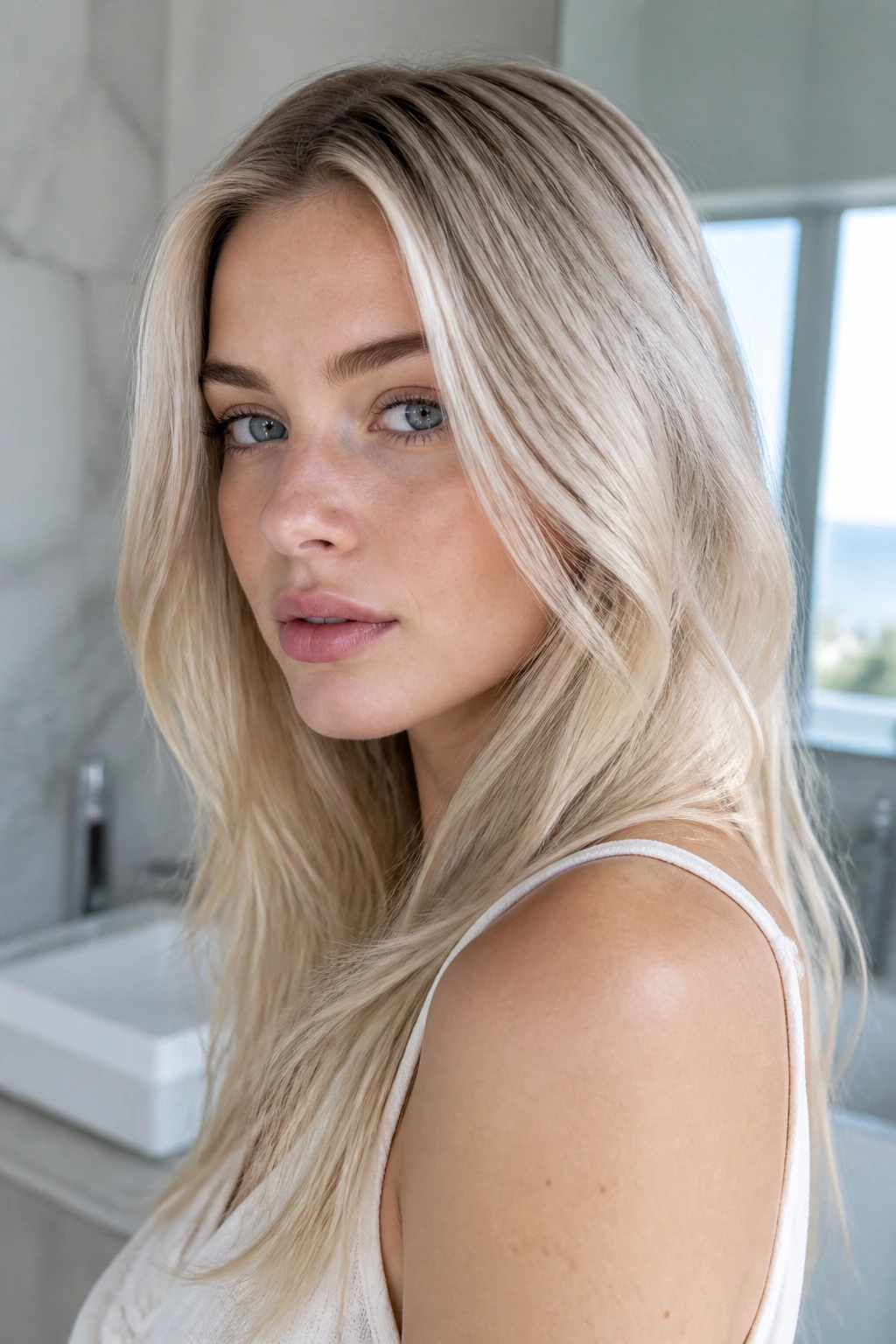 Close-up of a real woman with polished porcelain blonde hair in a modern bathroom setting
