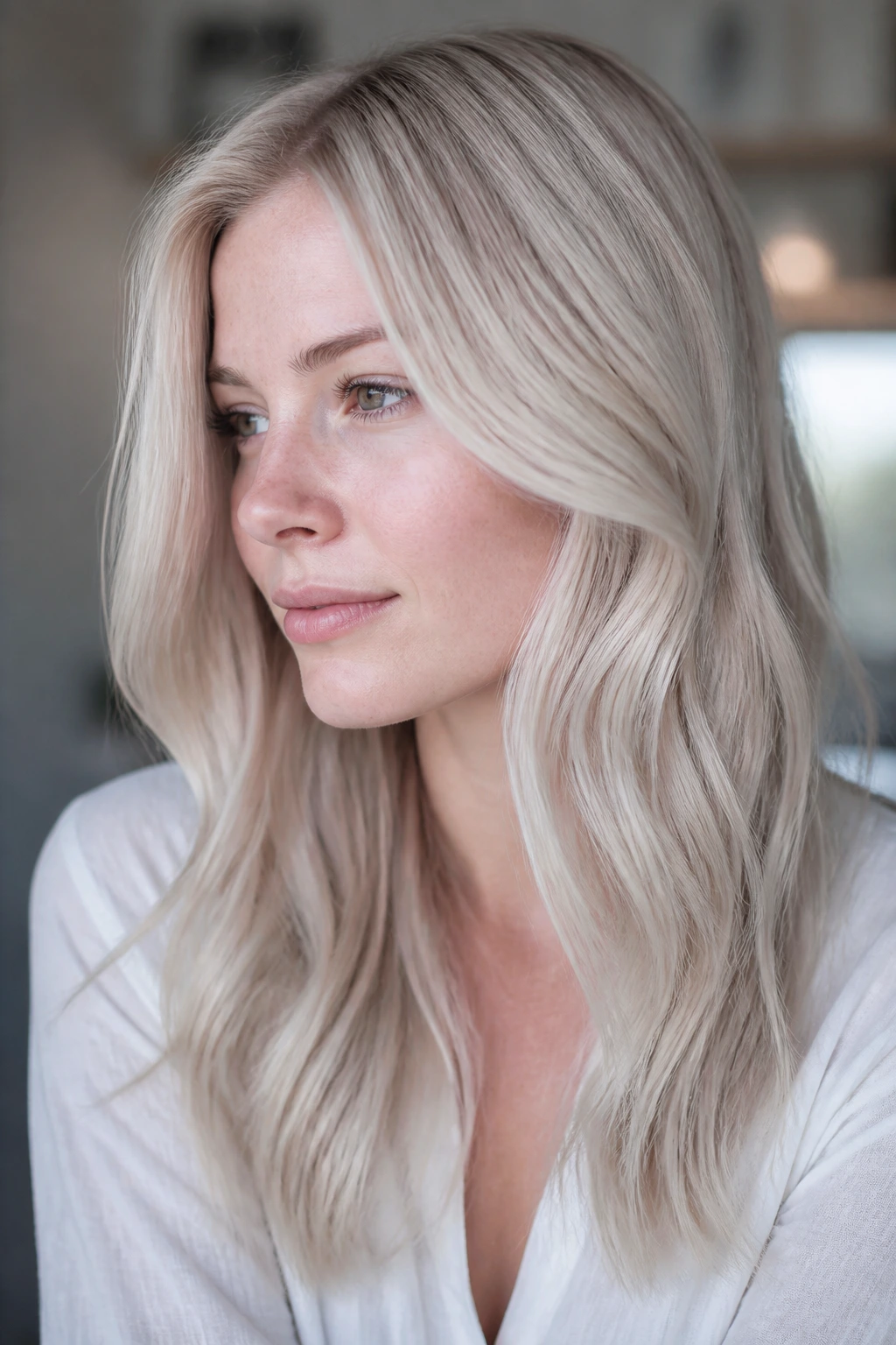 Portrait of pale-skinned woman with cool porcelain ash-beige blonde hair.