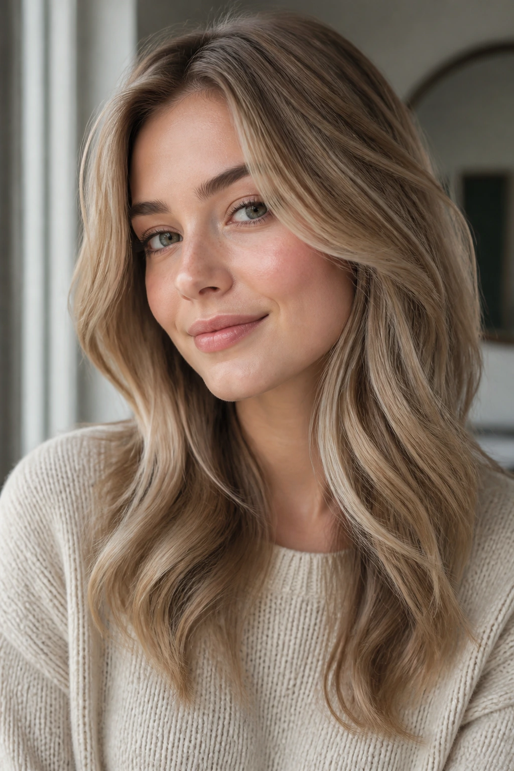 Close-up portrait of a real person with porcelain-bronde hair blending beige highlights with brown base