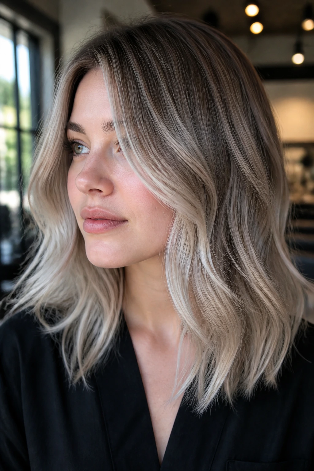 Portrait of a pale-skinned person with porcelain melt balayage in pearl and mushroom tones.