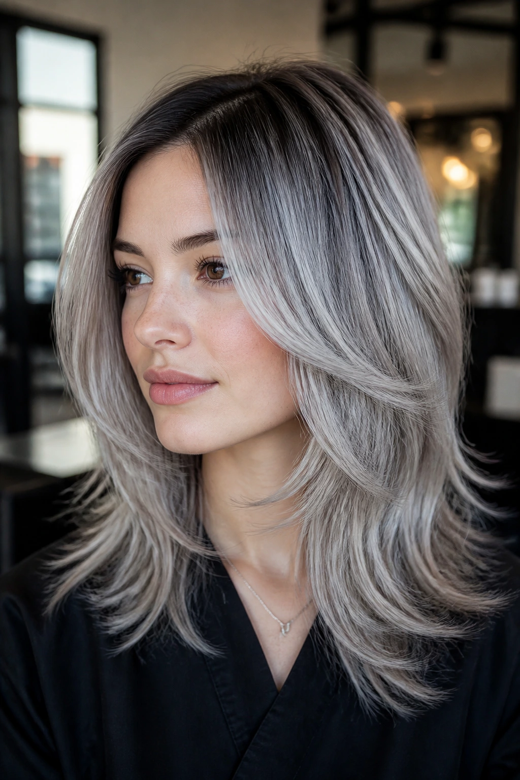 Close-up portrait of a real person with porcelain silver layered hair in a salon