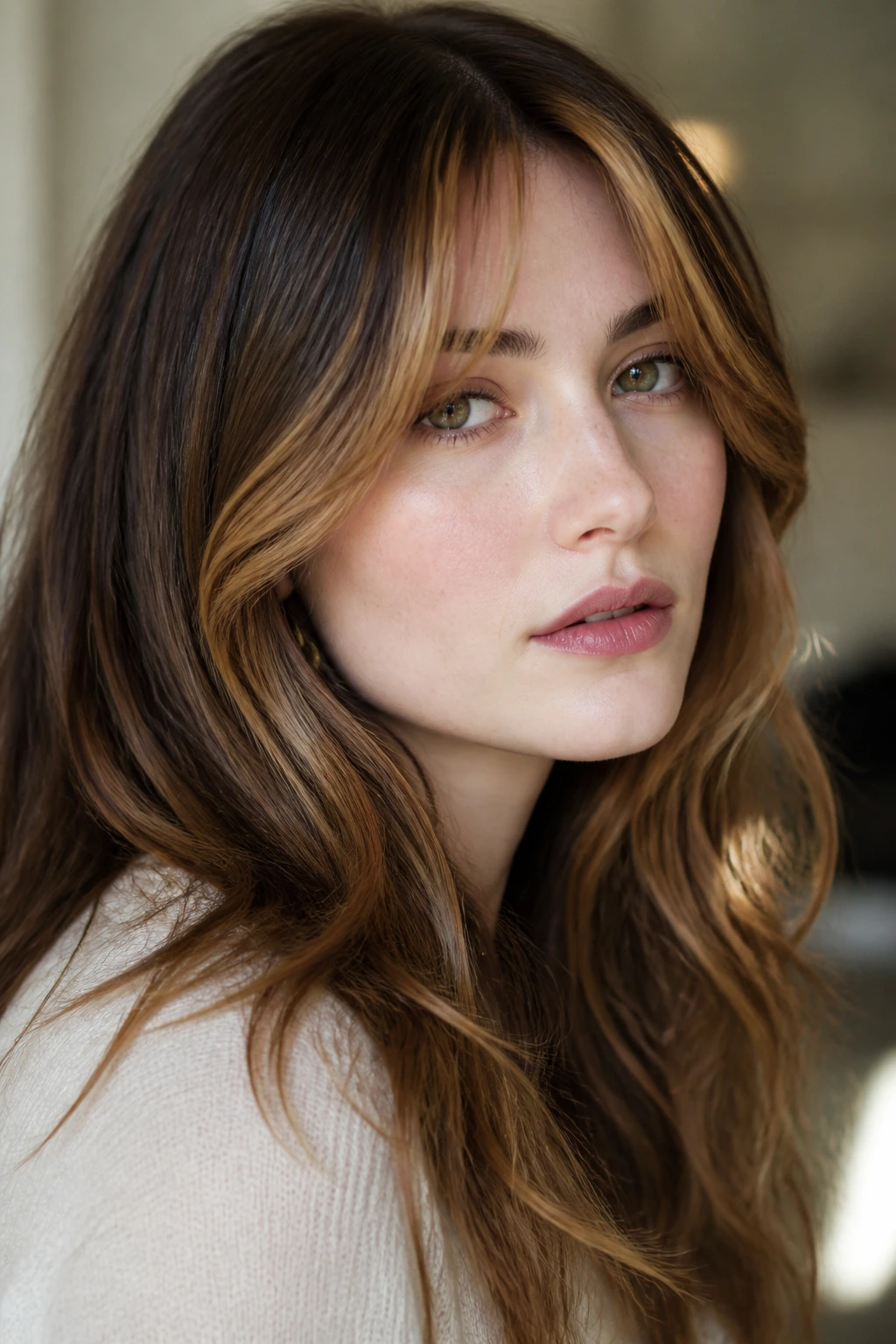 Close-up of a real woman with chestnut-toffee contour and light curtain bangs on porcelain skin.