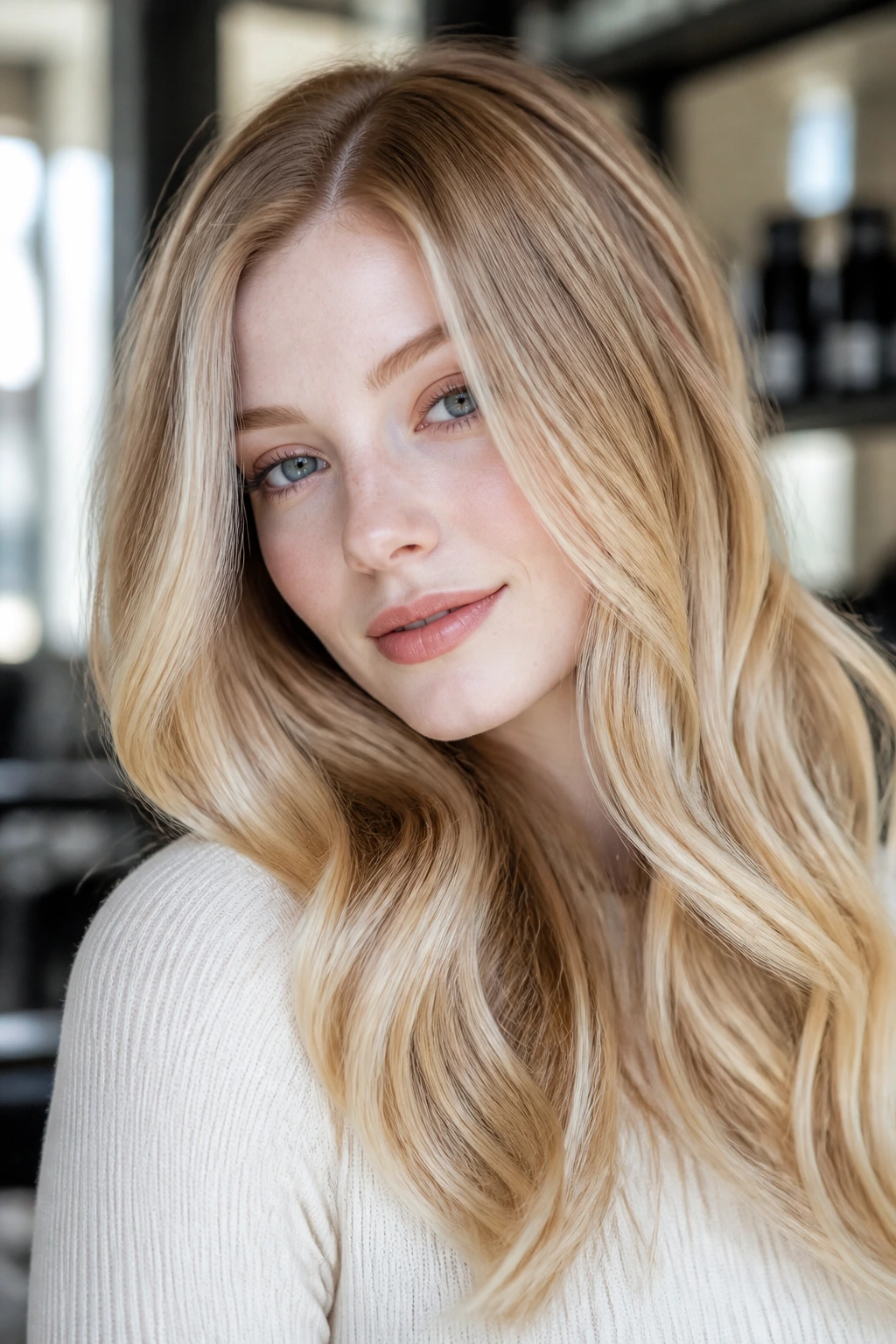 Close-up of porcelain skin with beige-gold honey balayage