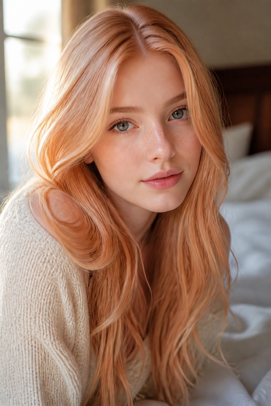 Porcelain-skinned model with soft peach strawberry blonde hair in a close-up