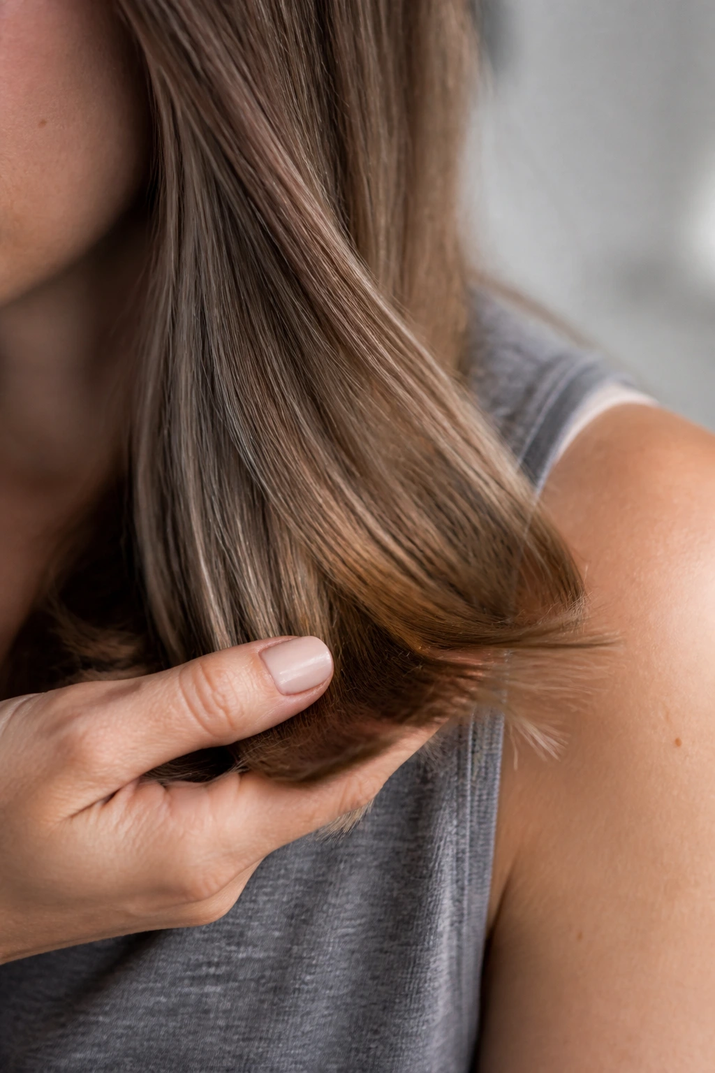 Close-up of a real woman's faded ends with warm fill to prevent patchy appearance