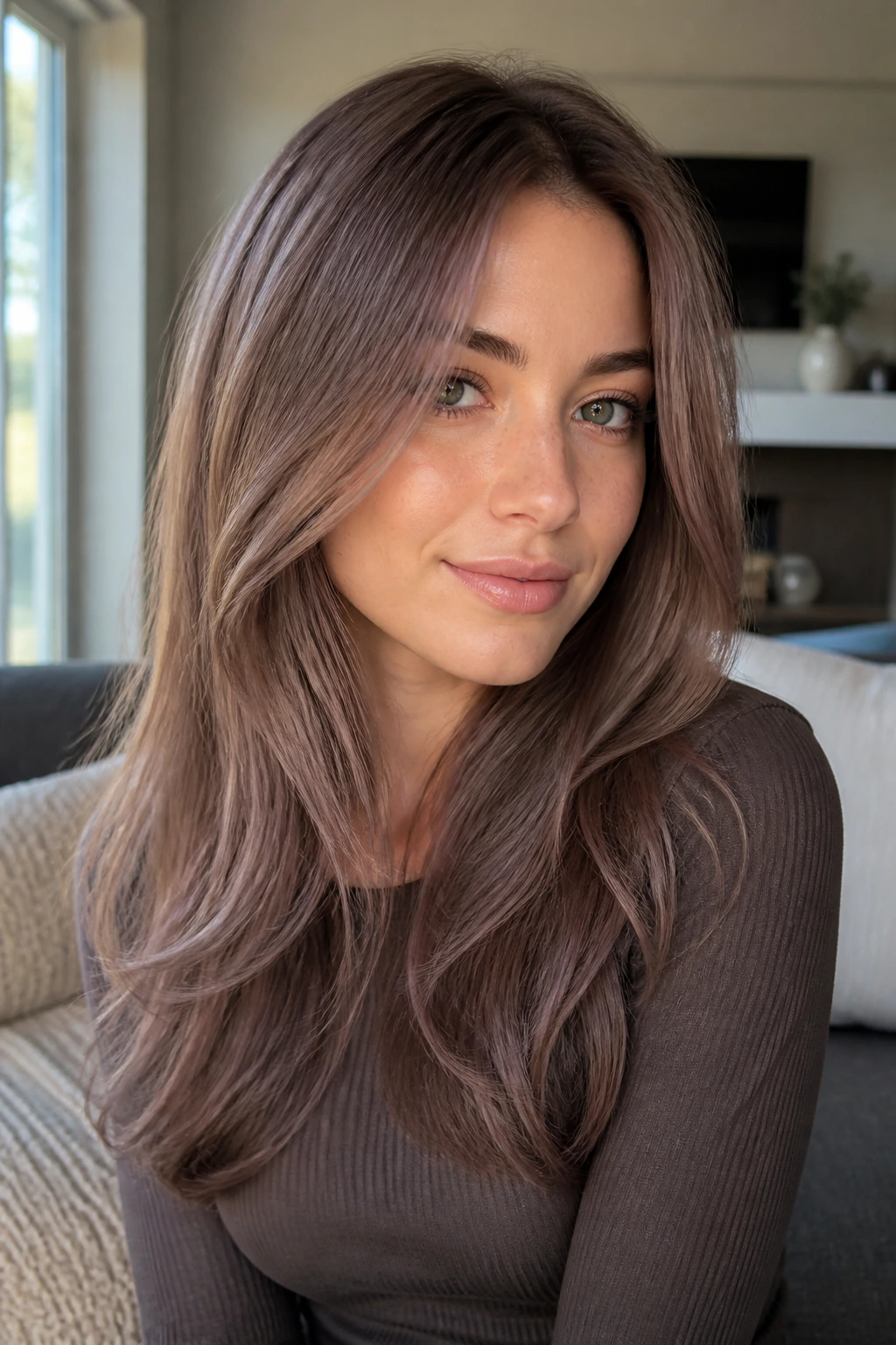 Close-up portrait of a woman with powdery brown hair and violet gloss in soft daylight