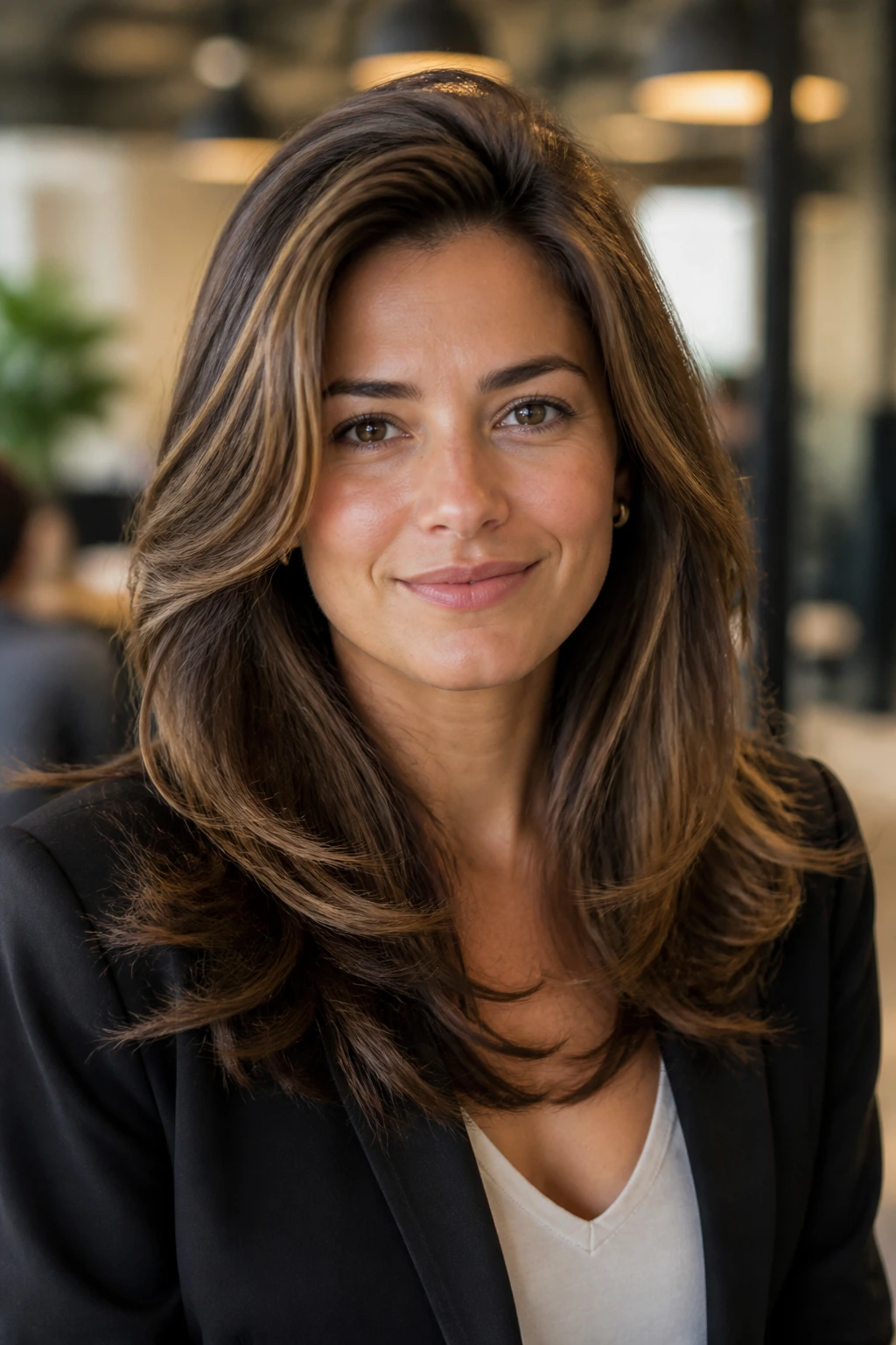 Portrait of a woman with a voluminous blowout and soft layers in a bright, modern workspace