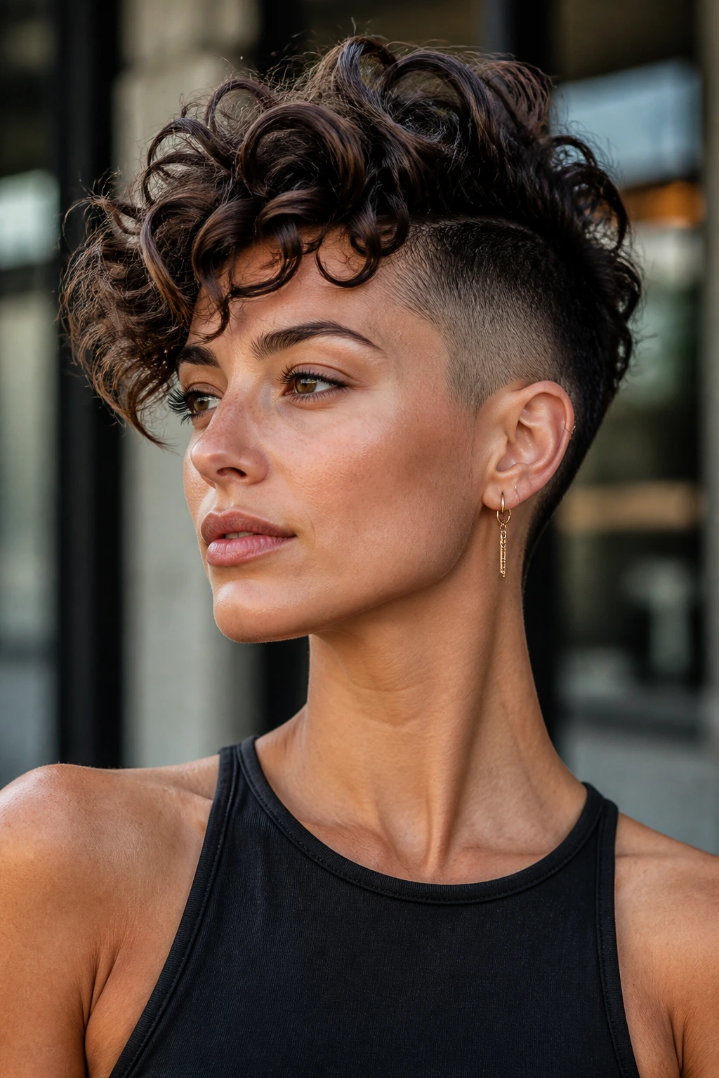 Head-and-shoulders portrait of a real woman with thick loose curls and shaved sides pixie cut in an urban outdoor setting