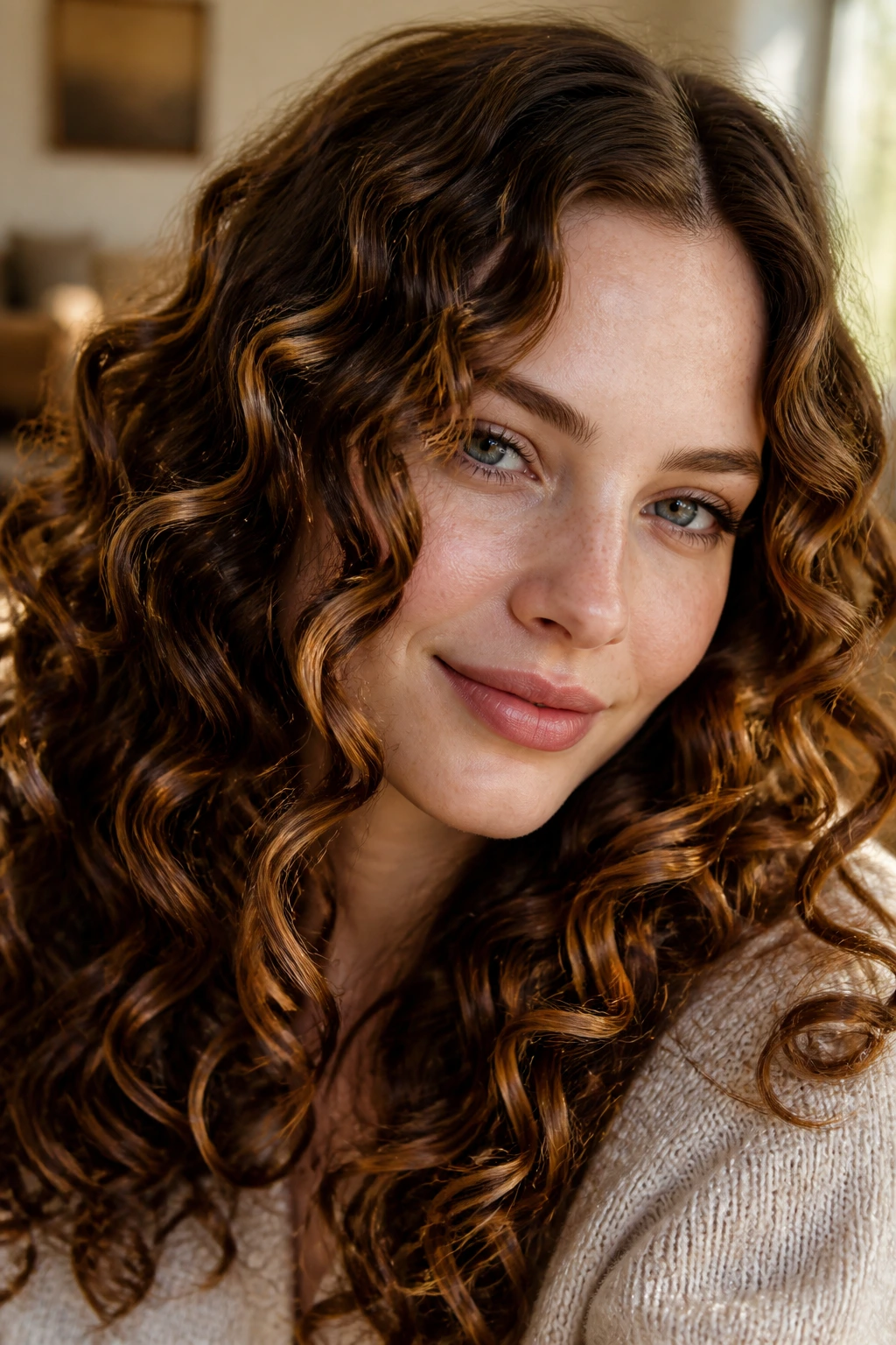 Close-up portrait of a woman with praline brown curls and caramel ribbons