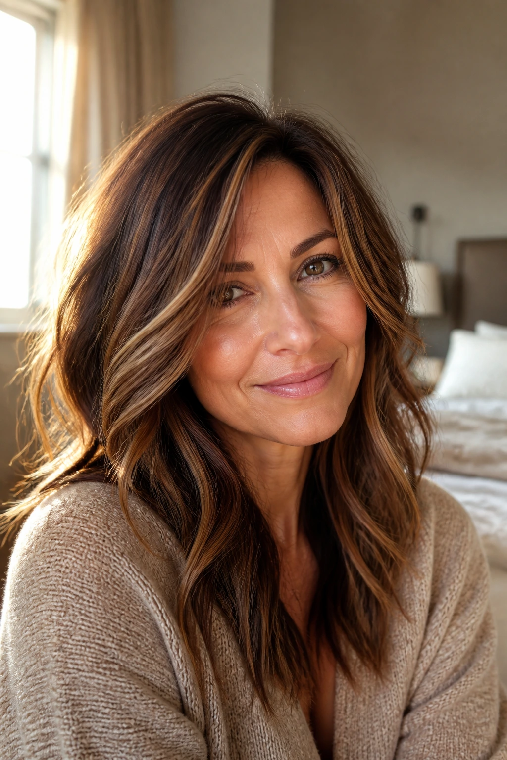 Close-up portrait of a real woman with praline brunette hair and subtle dimension