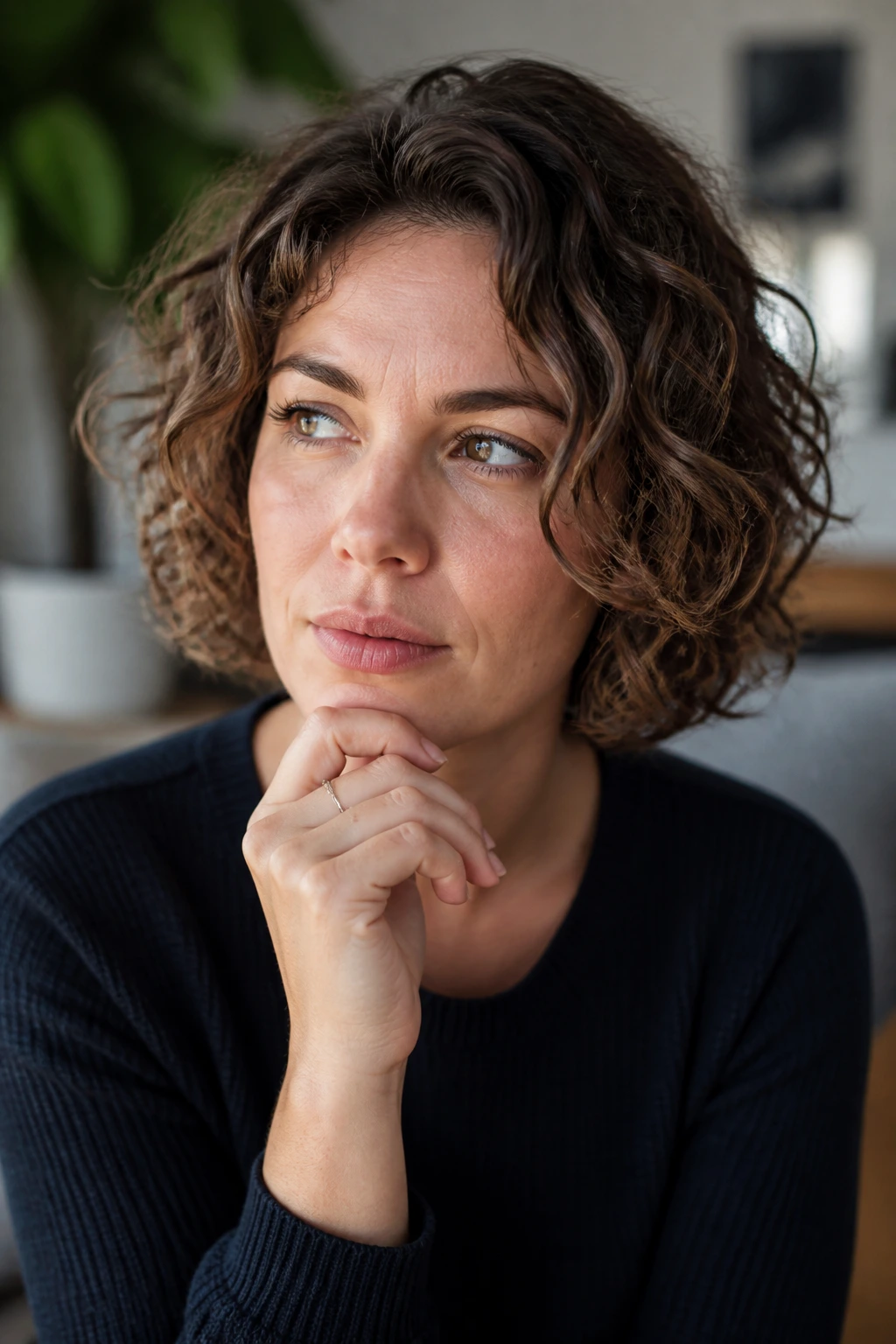 Real person with neck-length curls thinking about a short haircut