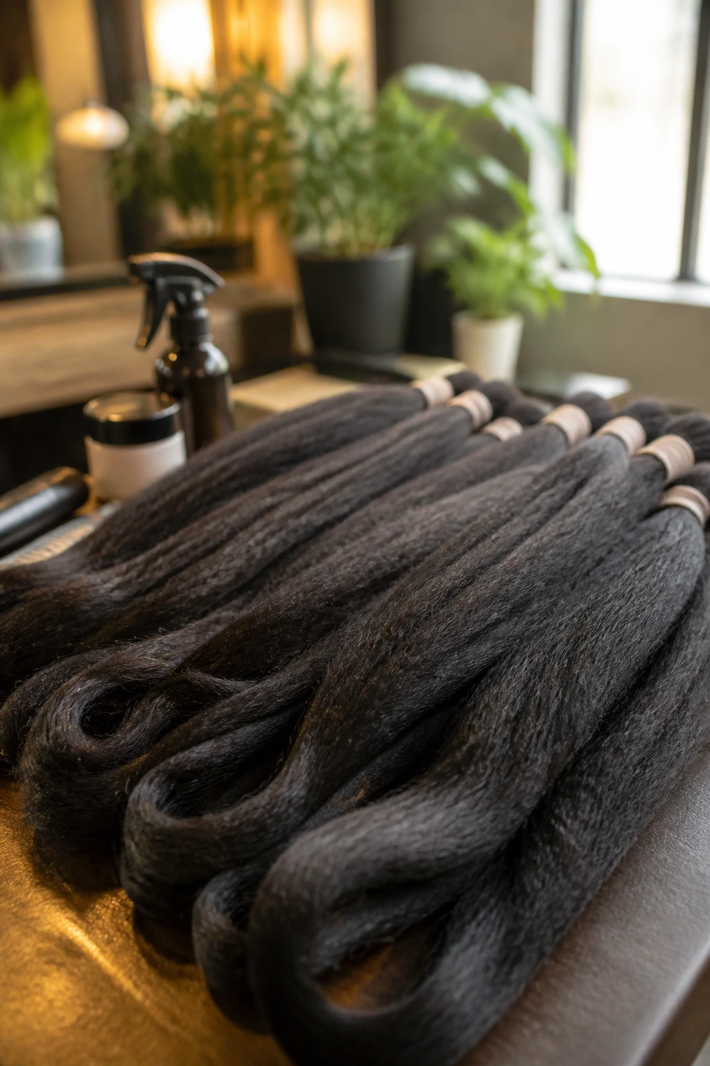 Close-up of pre-stretched braiding hair with matte finish