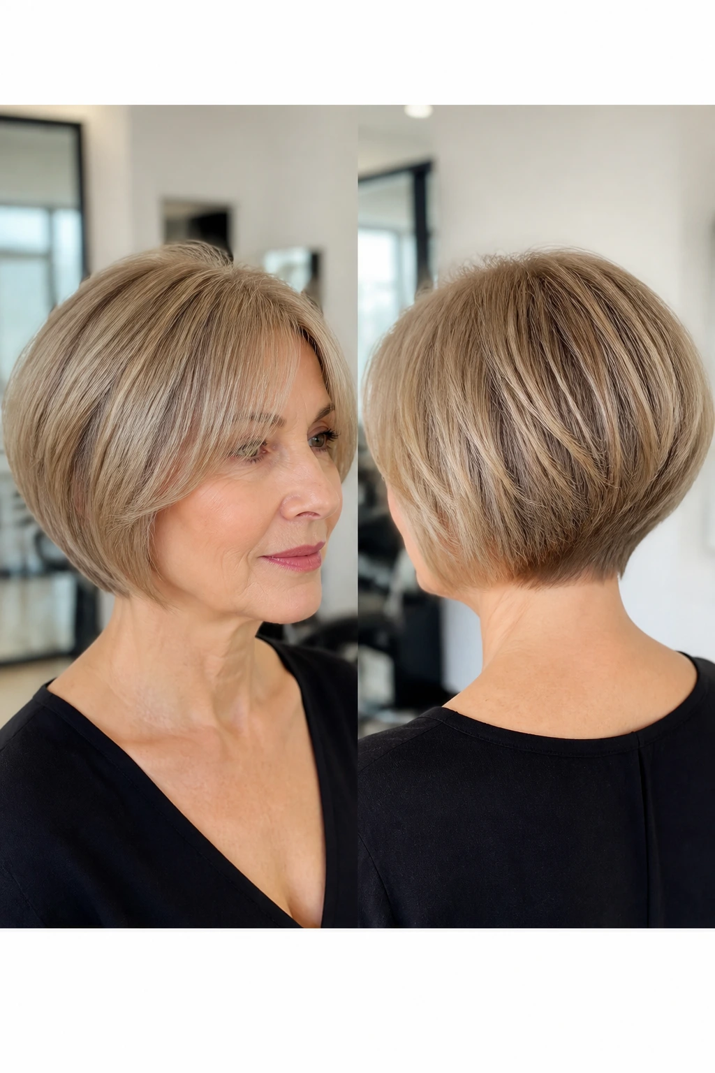 Real woman with precise stacked bob on very fine hair in bright salon