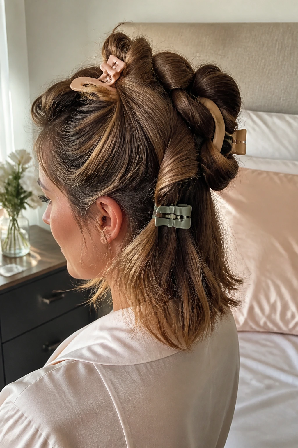 Real woman prepping hair with pinned sections in bedroom