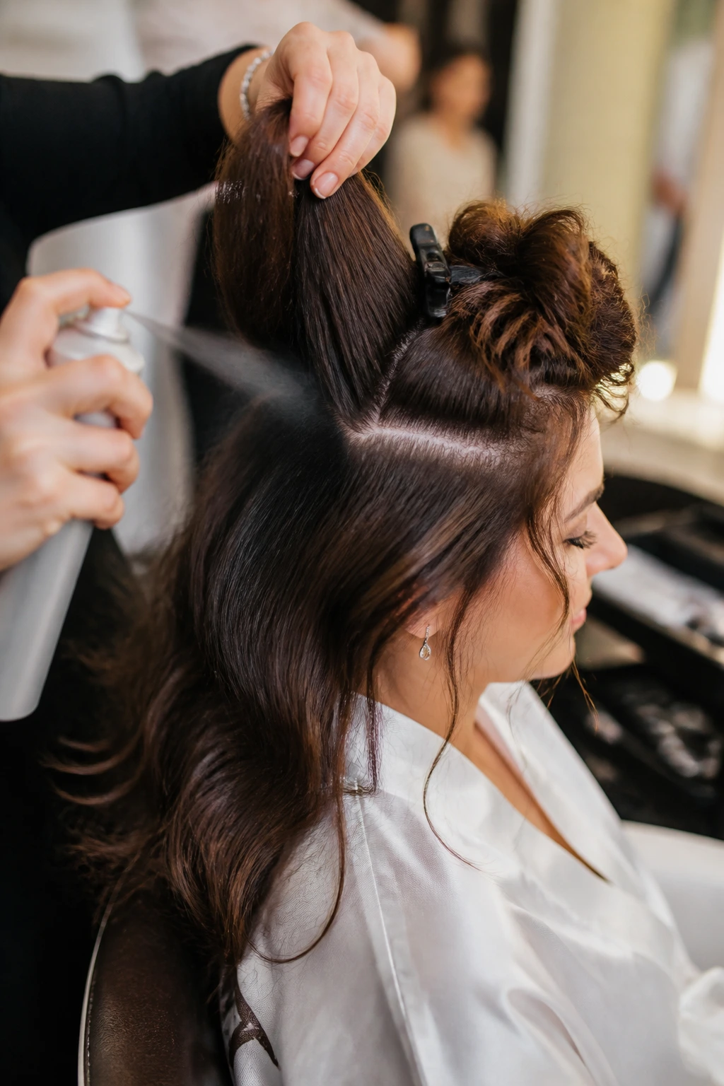 Real bride in salon being sectioned for updo with spray mist