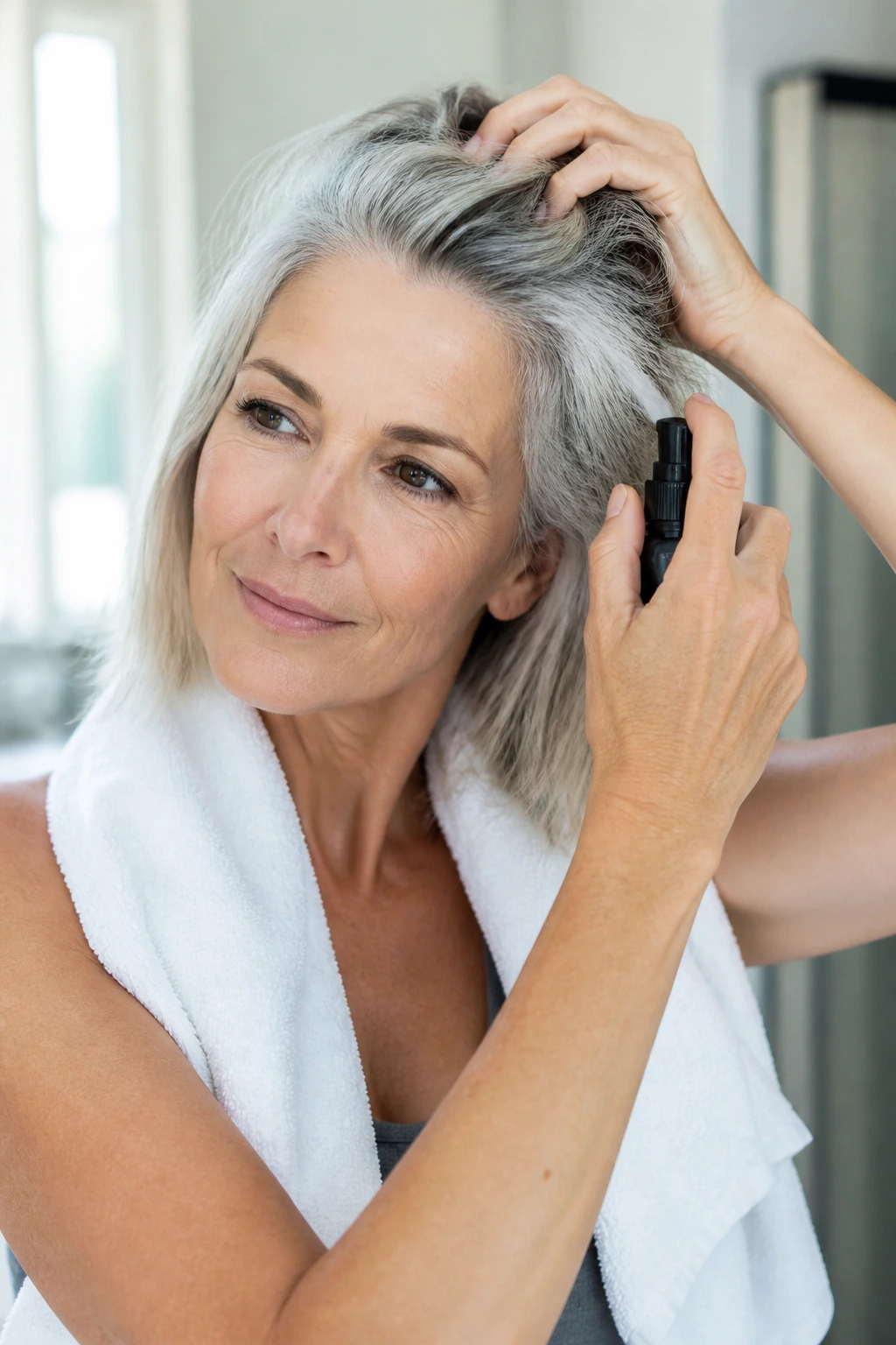 Woman in a bathroom prepping her hair with product before a photoshoot