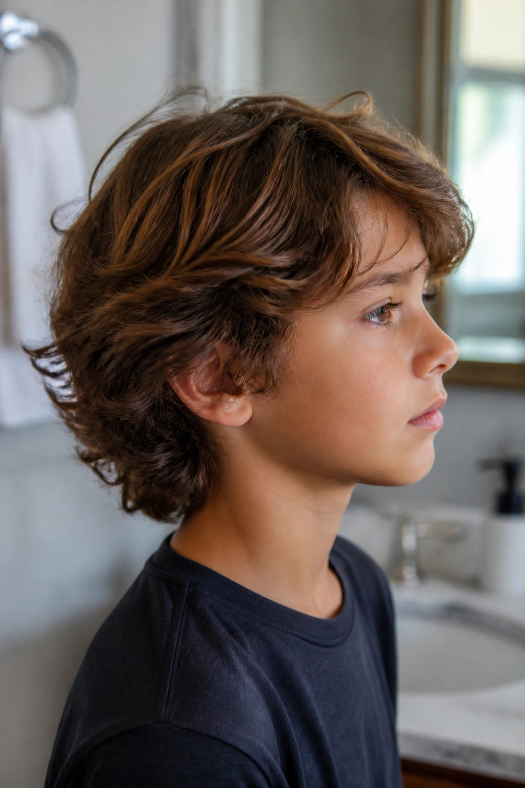 Medium close-up of a boy with wavy hair showing a clean shape in soft bathroom light