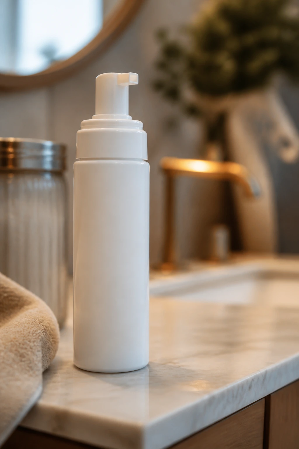 Unmarked white pump bottle on bathroom counter