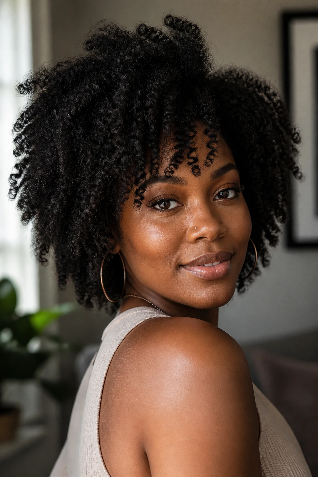 Close-up portrait of a real Black woman with a moisturized layered hairstyle in soft light.