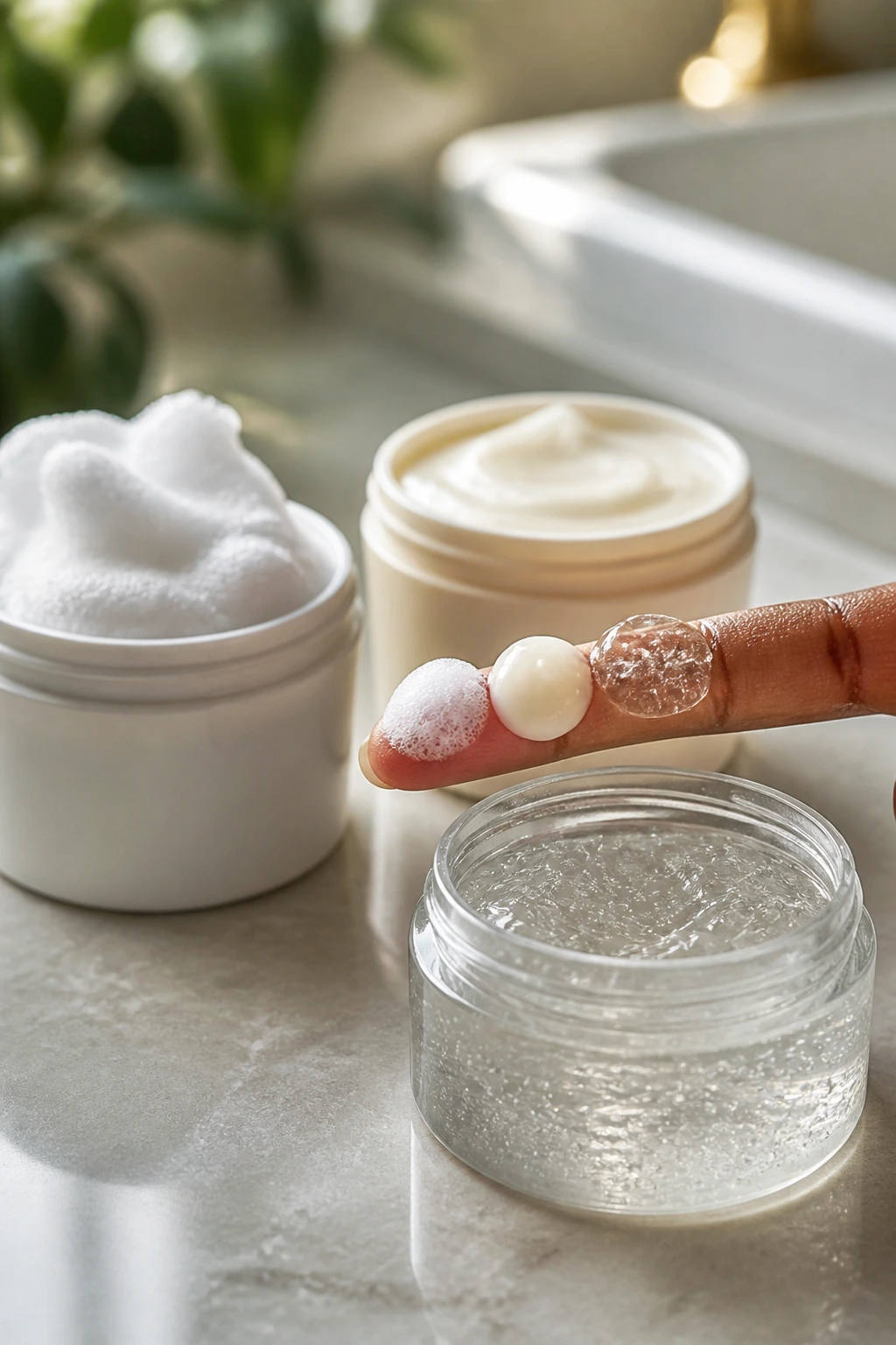 Open unlabeled containers with mousse, foam, and gel for short natural hair