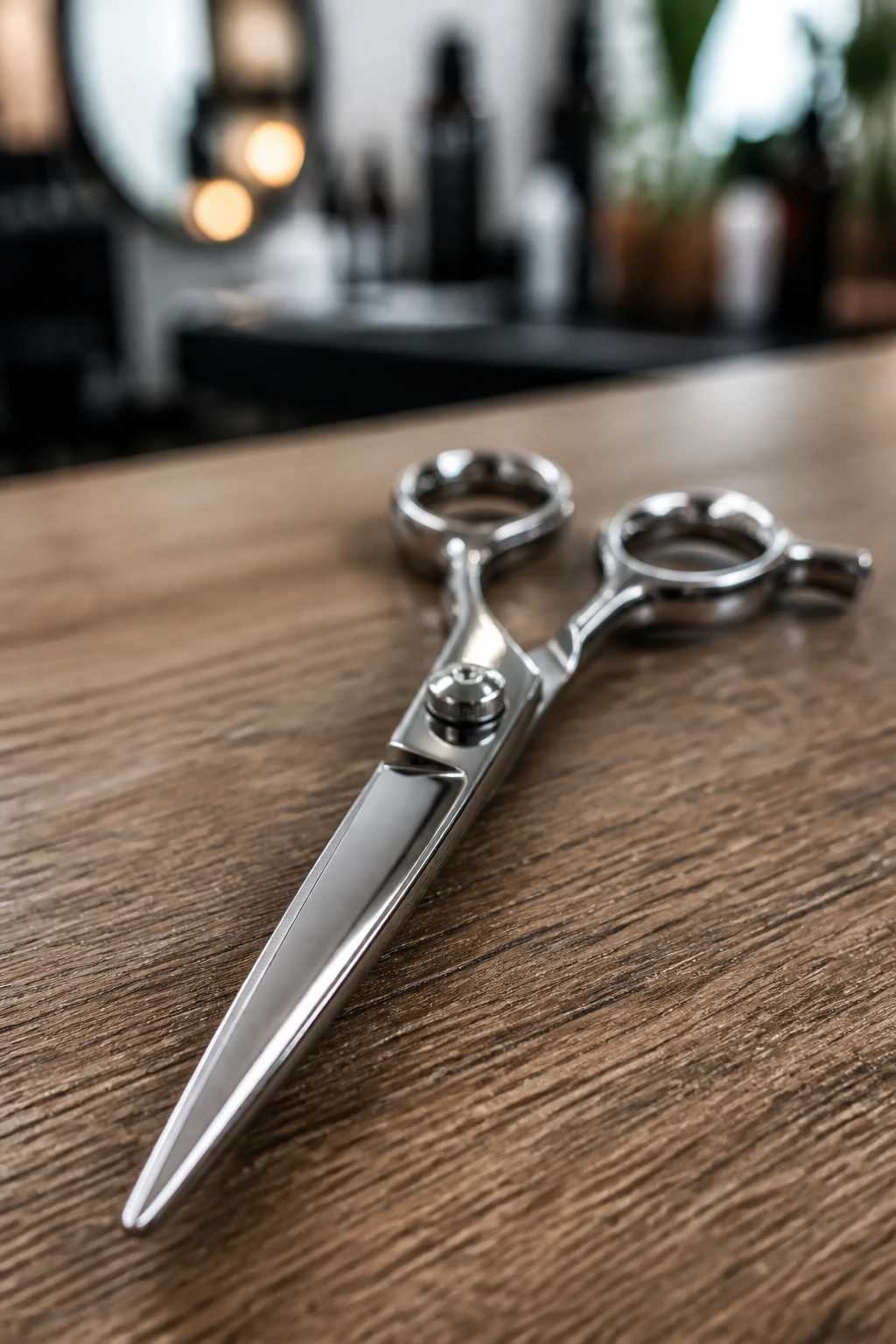 Close-up of professional haircutting scissors on a clean surface