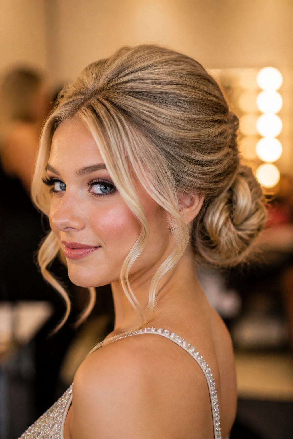 Close-up of real woman with teased prom puff and hidden anchors, blonde money pieces.
