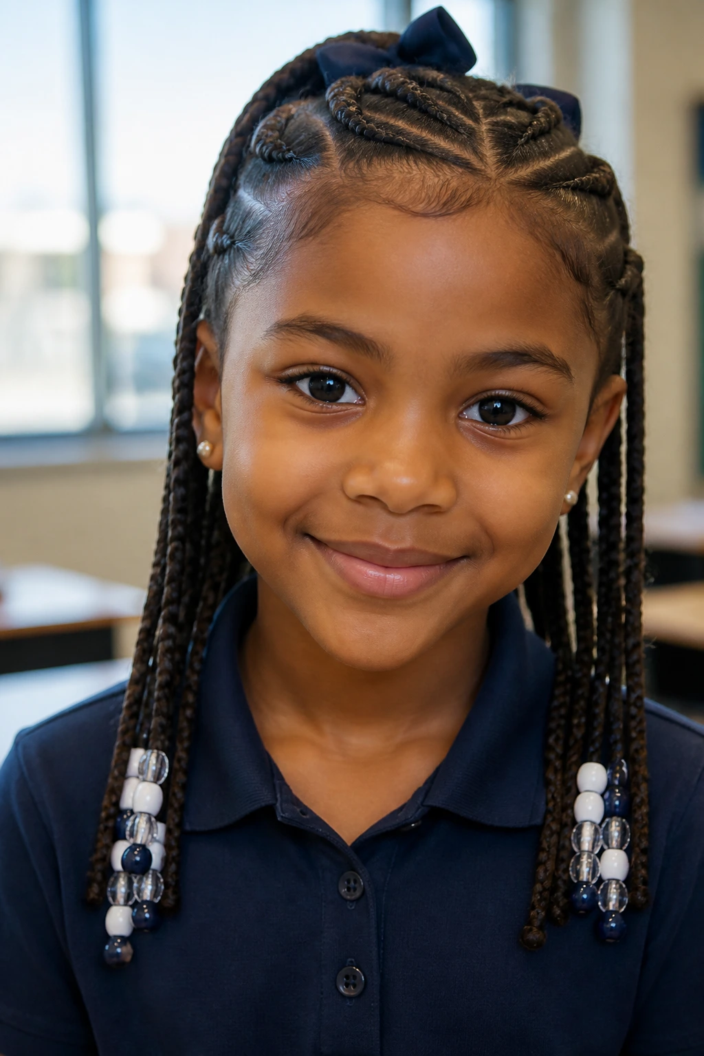Close-up portrait of a real child with neatly braided protective styles suitable for school and picture day