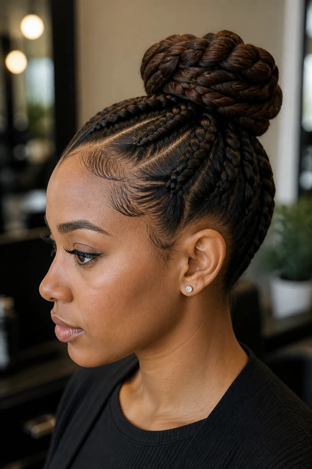 Close-up of a person with a French braid bun demonstrating protective styling