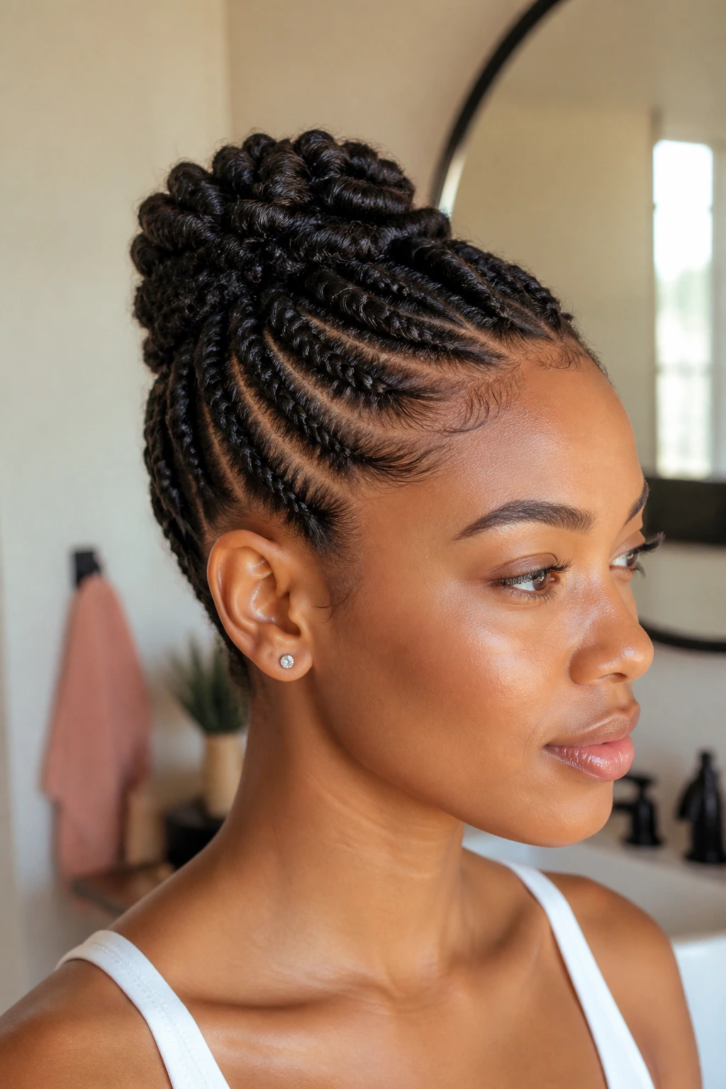 Close-up of a person with a protective French bun on short natural hair