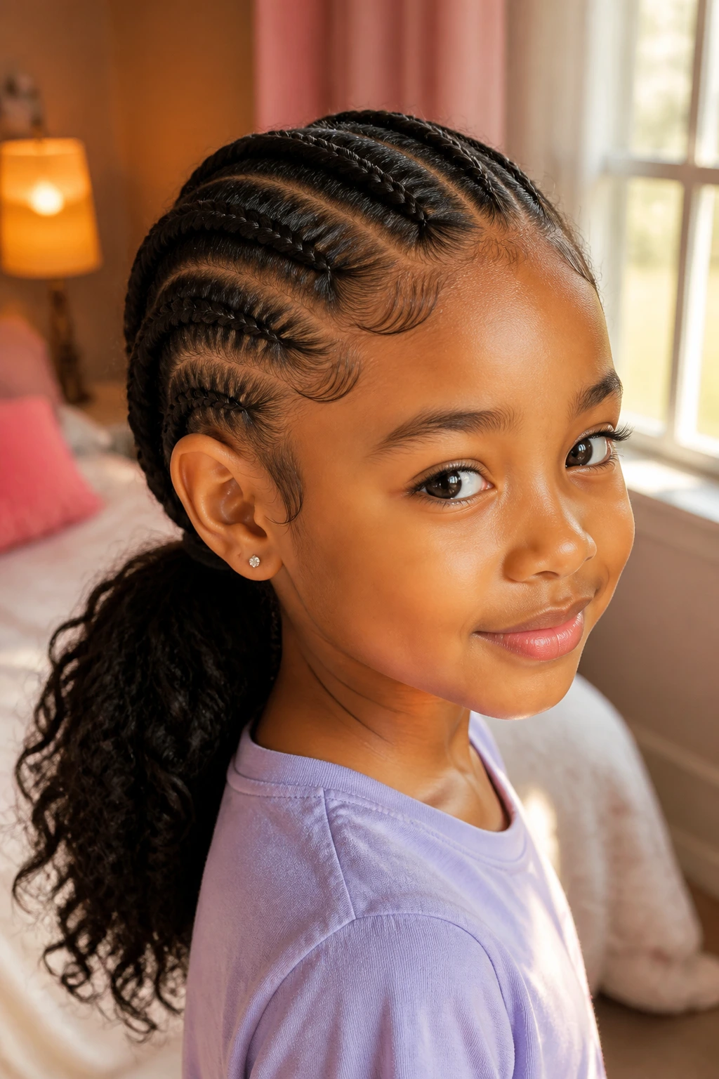 Real child with front cornrows and a low ponytail in warm bedroom light
